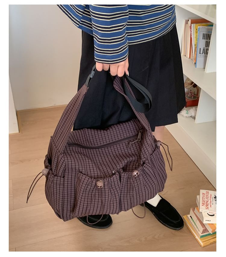 Drawstring Pocket Plaid Fabric Shoulder Bag