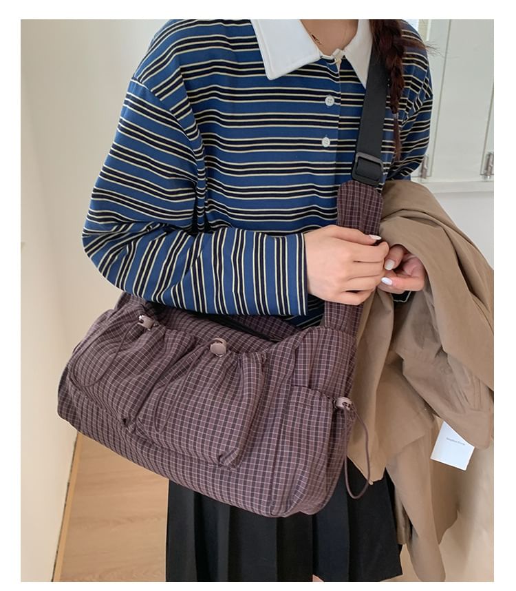 Drawstring Pocket Plaid Fabric Shoulder Bag