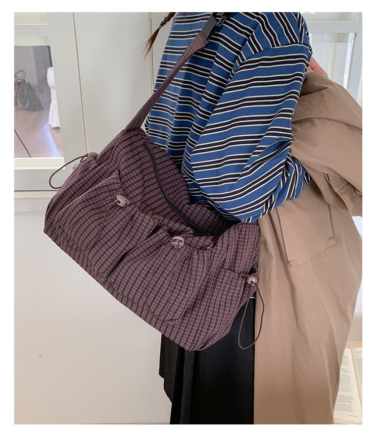 Drawstring Pocket Plaid Fabric Shoulder Bag