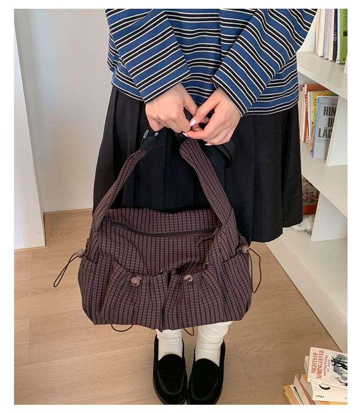 Drawstring Pocket Plaid Fabric Shoulder Bag