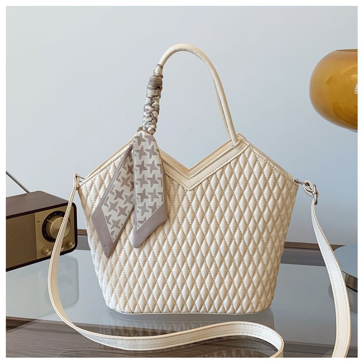 Quilted Faux Leather Tote Bag with Decorative Scarf
