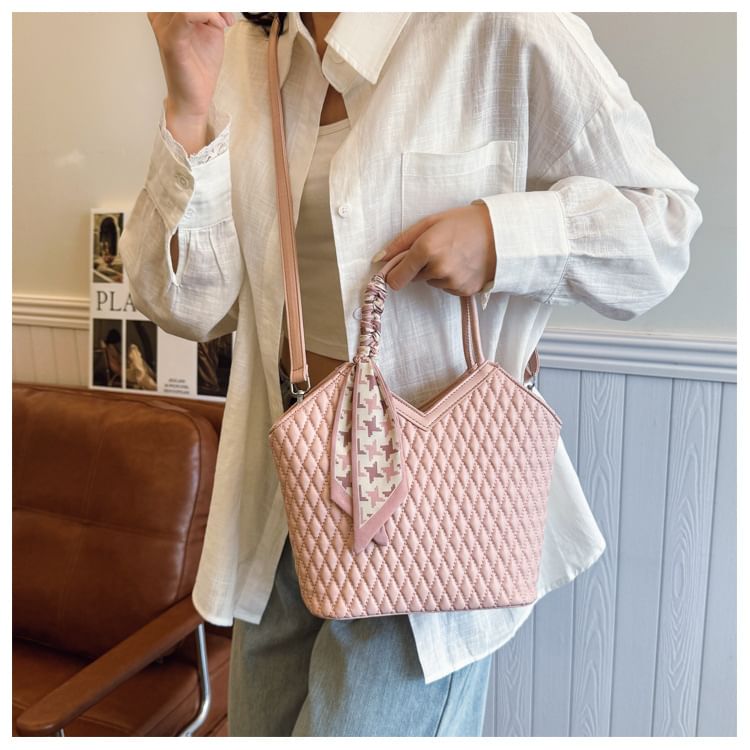 Quilted Faux Leather Tote Bag with Decorative Scarf