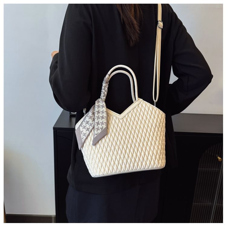 Quilted Faux Leather Tote Bag with Decorative Scarf