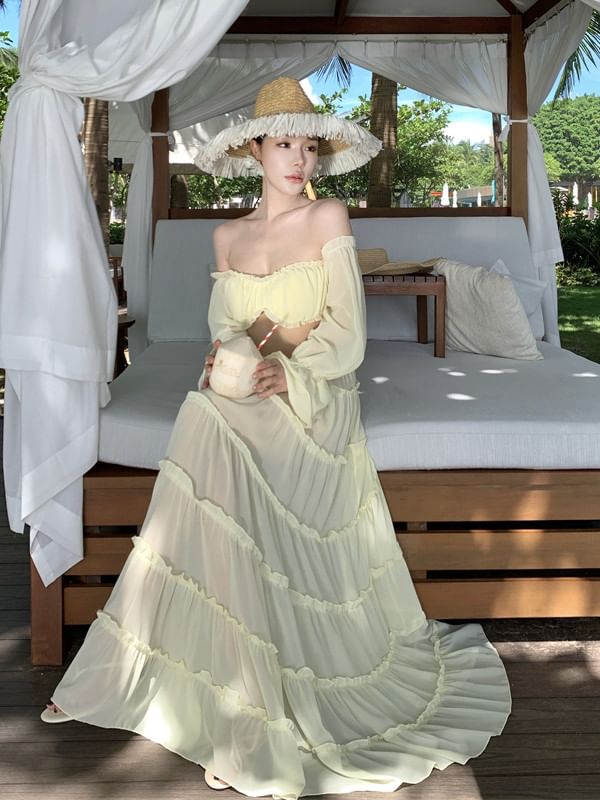 Off-Shoulder Frill Crop Top with Mid Rise Tiered Maxi A-Line Skirt Set