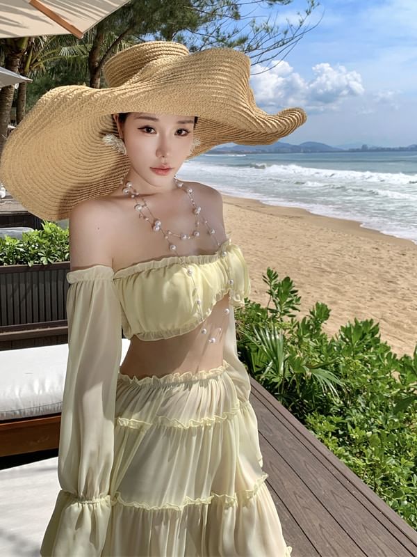 Off-Shoulder Frill Crop Top with Mid Rise Tiered Maxi A-Line Skirt Set