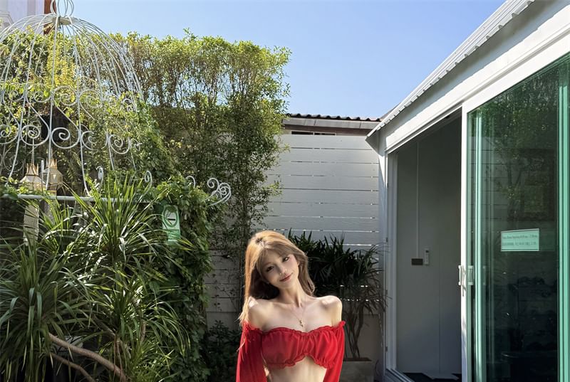 Off-Shoulder Frill Crop Top with Mid Rise Tiered Maxi A-Line Skirt Set