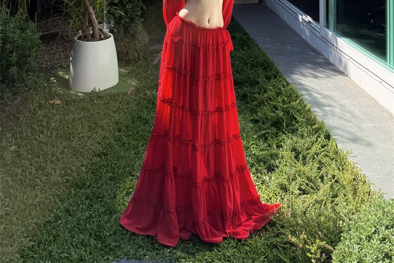 Off-Shoulder Frill Crop Top with Mid Rise Tiered Maxi A-Line Skirt Set
