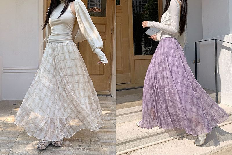 Plaid Mesh High-Waisted Maxi A-Line Skirt