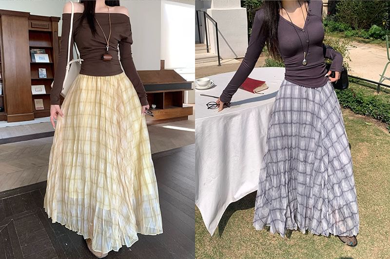 Plaid Mesh High-Waisted Maxi A-Line Skirt