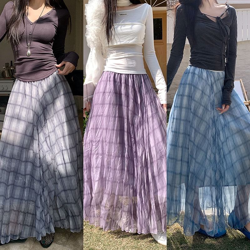 Plaid Mesh High-Waisted Maxi A-Line Skirt
