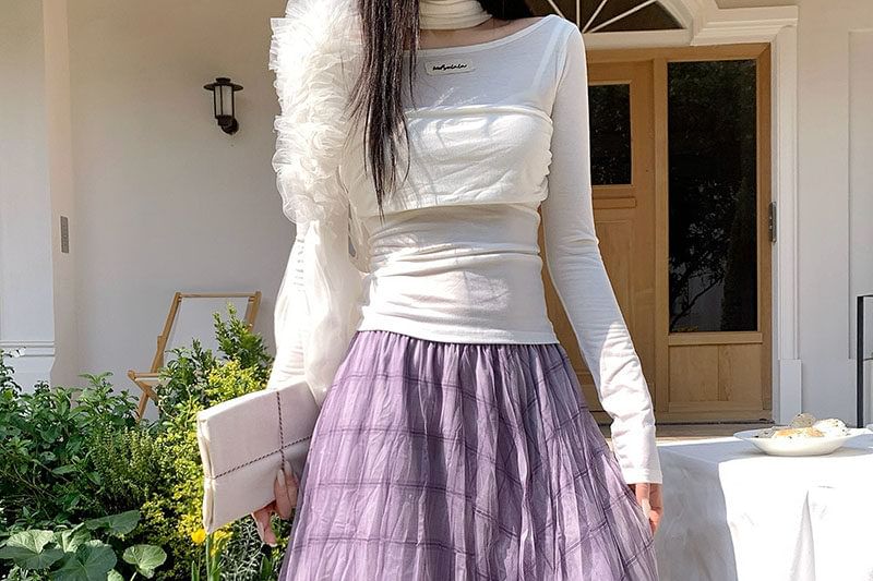 Plaid Mesh High-Waisted Maxi A-Line Skirt