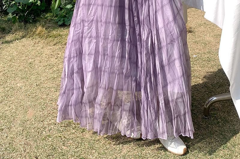 Plaid Mesh High-Waisted Maxi A-Line Skirt