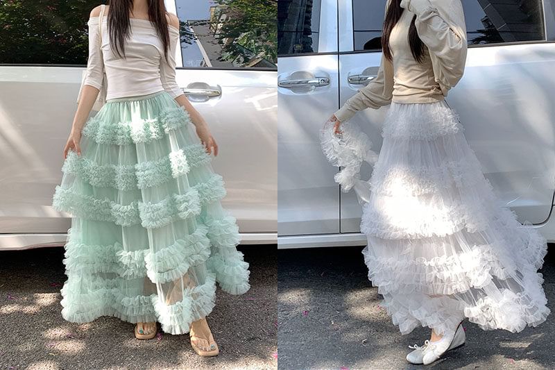 Frilled Tiered Mesh High-Waisted Maxi A-Line Skirt in Plain