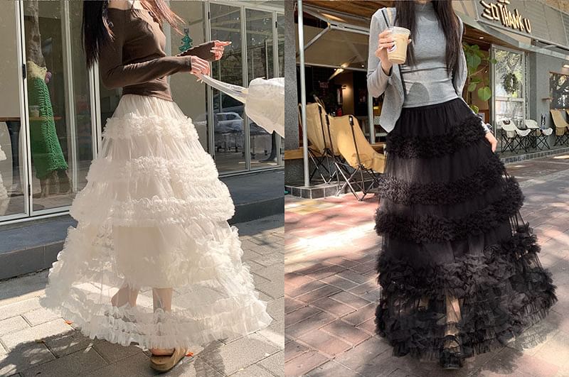Frilled Tiered Mesh High-Waisted Maxi A-Line Skirt in Plain