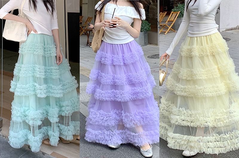 Frilled Tiered Mesh High-Waisted Maxi A-Line Skirt in Plain