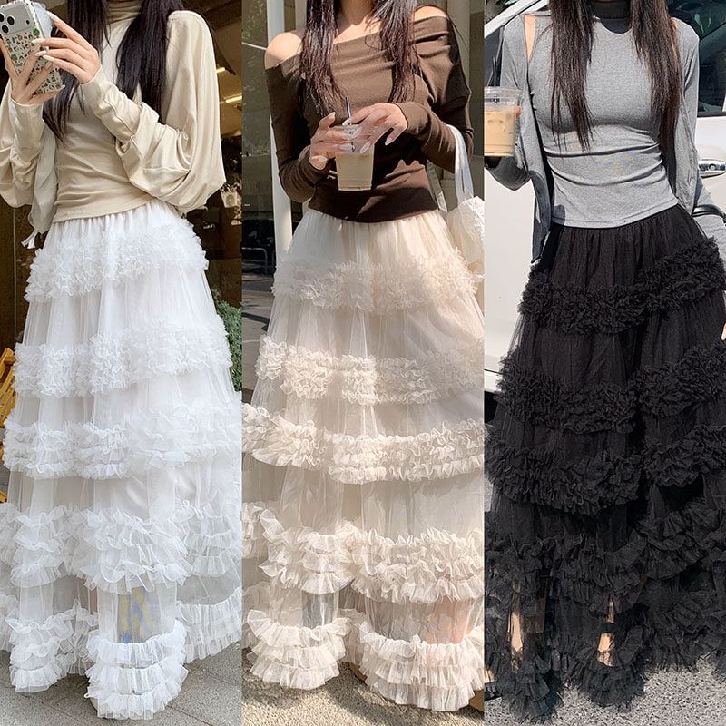 Frilled Tiered Mesh High-Waisted Maxi A-Line Skirt in Plain