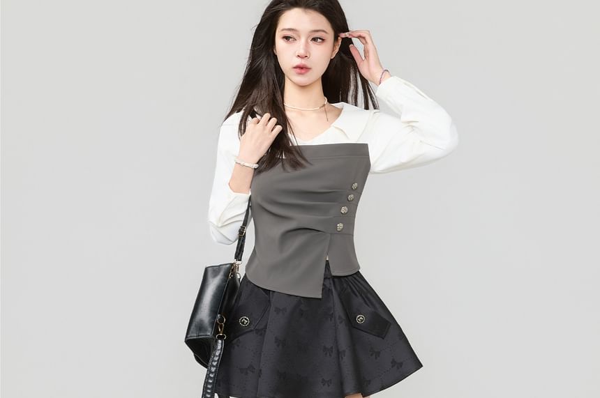 Two-Tone Asymmetric V-Neck Long-Sleeved Crop Top & Mini A-Line Skirt
