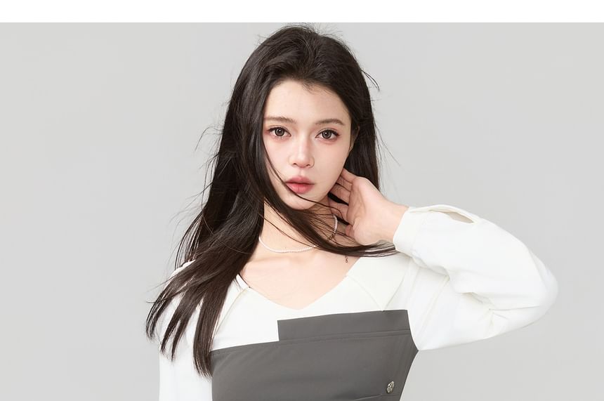 Two-Tone Asymmetric V-Neck Long-Sleeved Crop Top & Mini A-Line Skirt