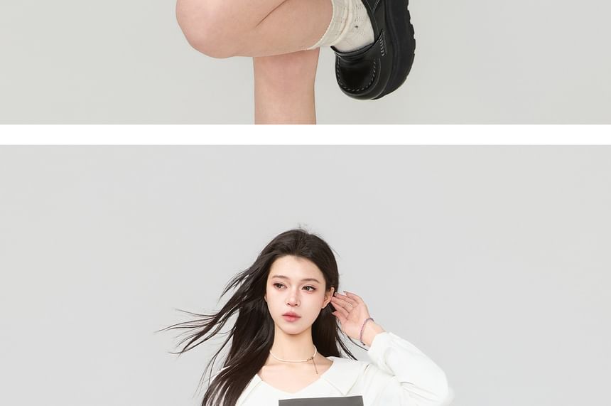 Two-Tone Asymmetric V-Neck Long-Sleeved Crop Top & Mini A-Line Skirt