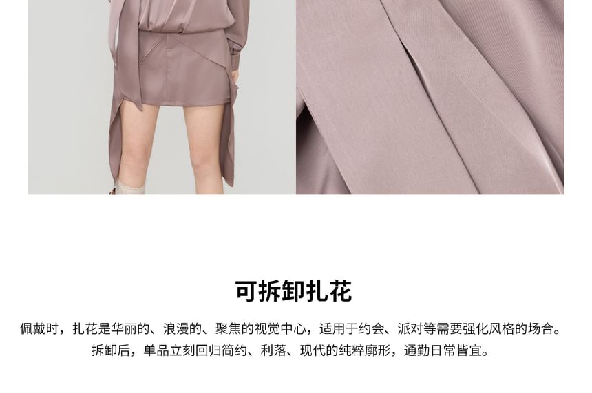 V-Neck Blouse & Low Waist Mini Skirt Set - Long Sleeve