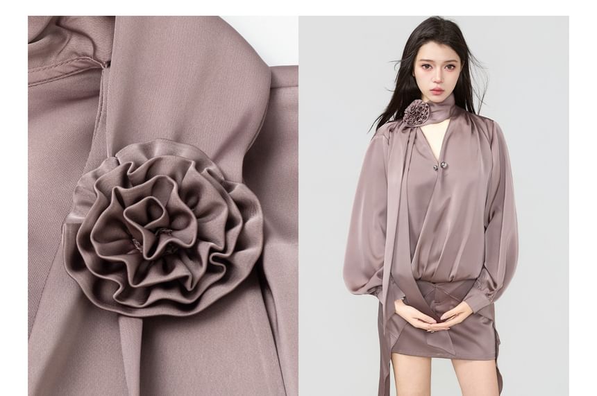V-Neck Blouse & Low Waist Mini Skirt Set - Long Sleeve