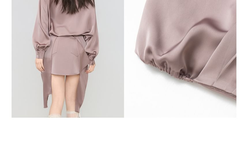 V-Neck Blouse & Low Waist Mini Skirt Set - Long Sleeve