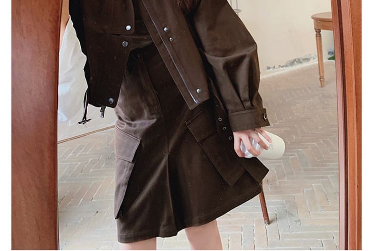 Belted Zip-Up Jacket & A-Line Cargo Skirt Set