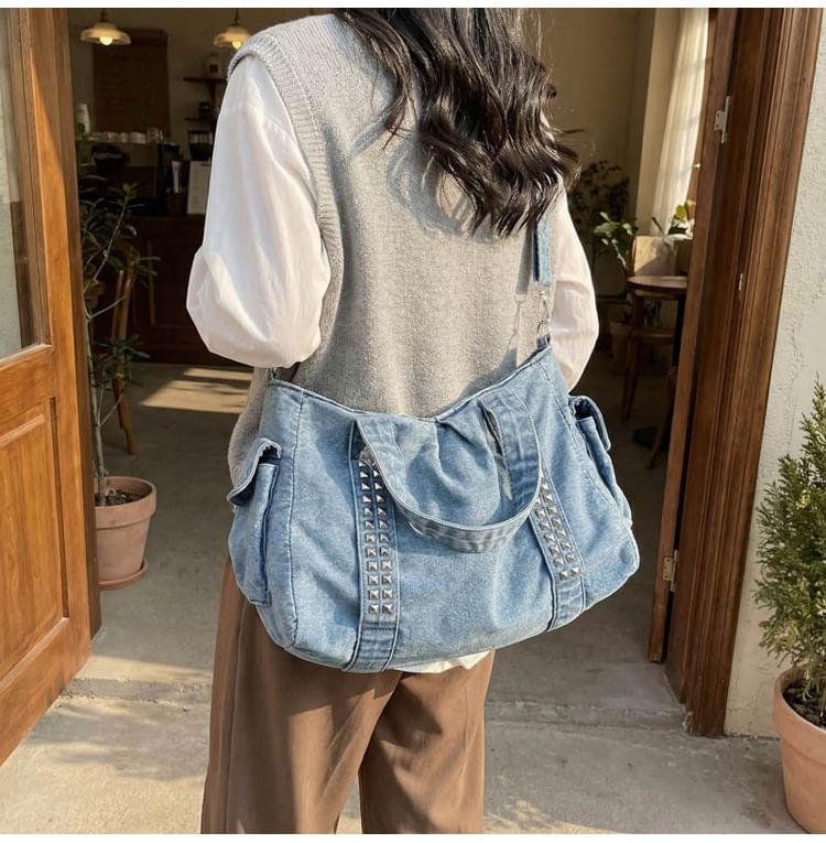 Studded Flap Pocket Washed Denim Crossbody Tote Bag
