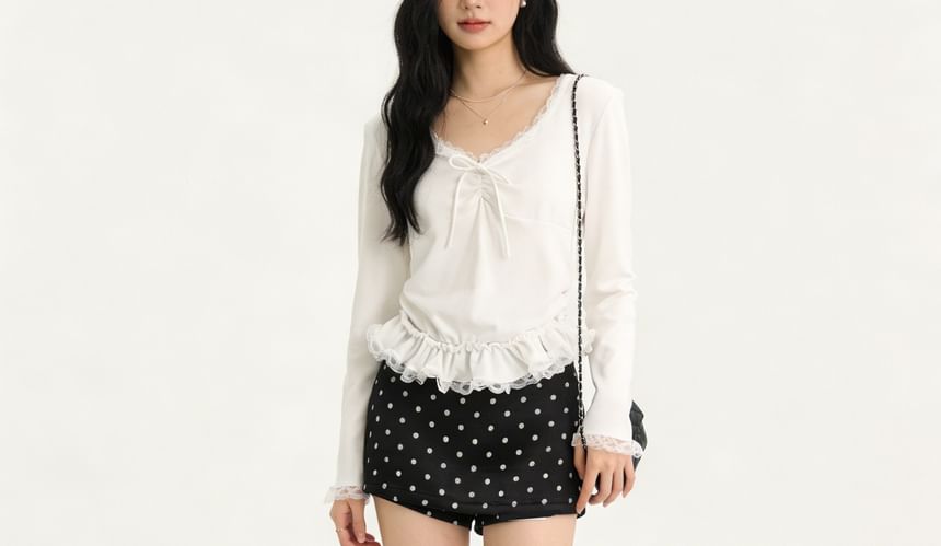 Long-Sleeve Tie-Front Top with Lace Accents and V-Neckline