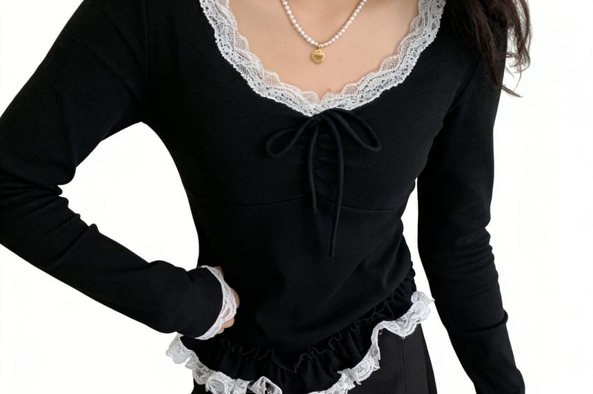 Long-Sleeve Tie-Front Top with Lace Accents and V-Neckline