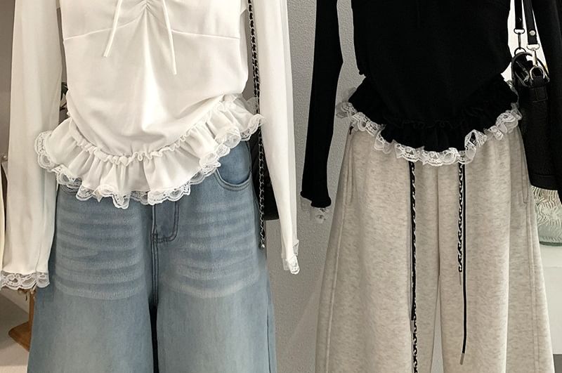 Long-Sleeve Tie-Front Top with Lace Accents and V-Neckline