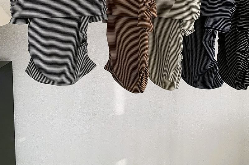 Striped Off-Shoulder Top with Ruched Cropped Silhouette