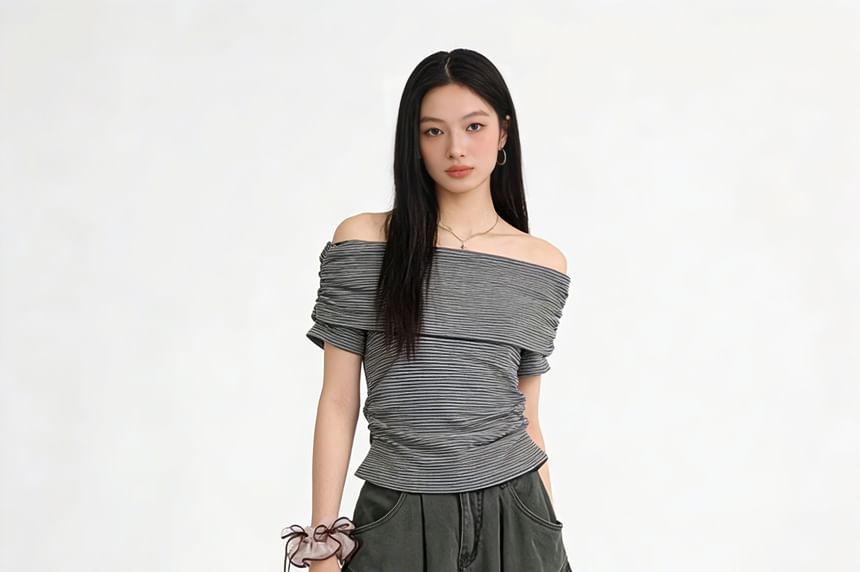 Striped Off-Shoulder Top with Ruched Cropped Silhouette