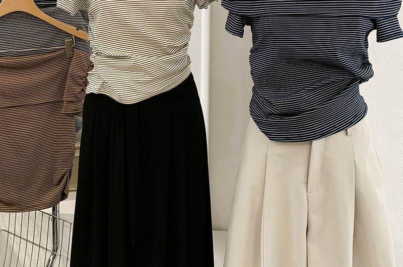 Striped Off-Shoulder Top with Ruched Cropped Silhouette