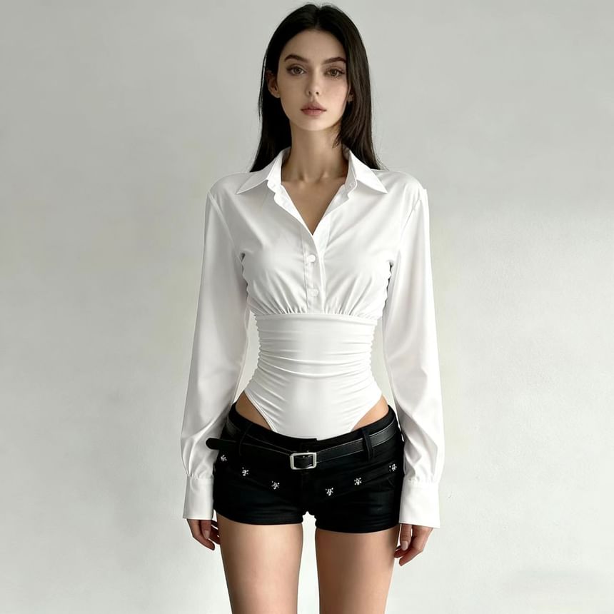 Ruched Collared Long Sleeve Half-Button Bodysuit Top