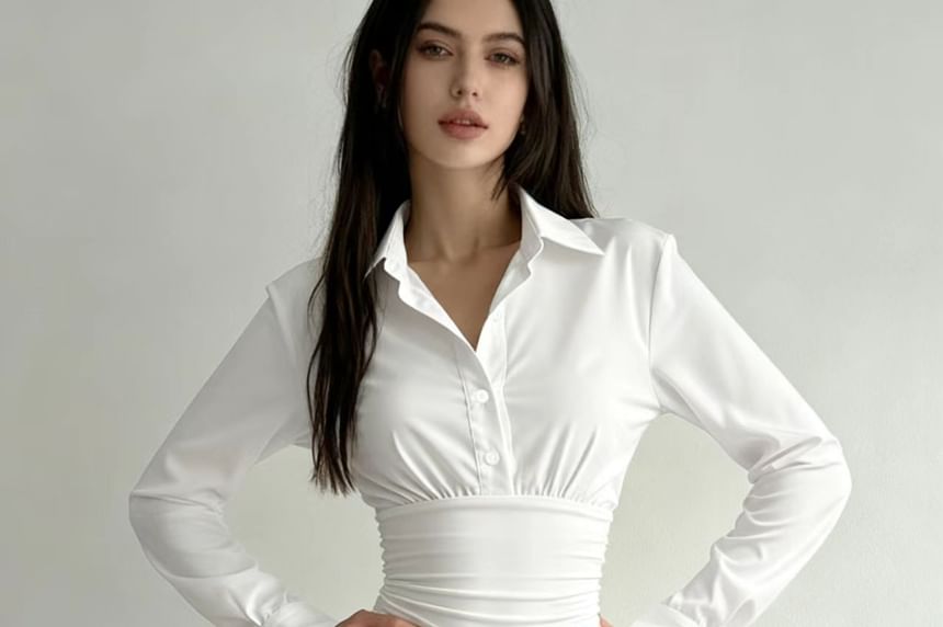 Ruched Collared Long Sleeve Half-Button Bodysuit Top