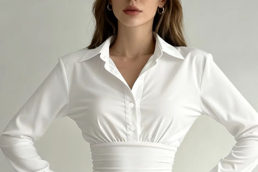 Ruched Collared Long Sleeve Half-Button Bodysuit Top
