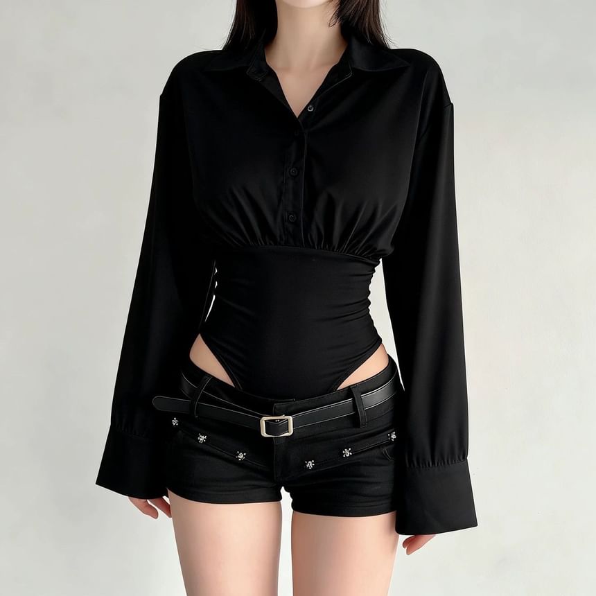 Ruched Collared Long Sleeve Half-Button Bodysuit Top