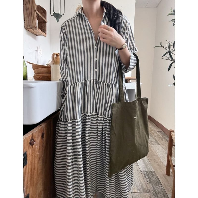 Long-Sleeve Striped Maxi A-Line Shirt Dress
