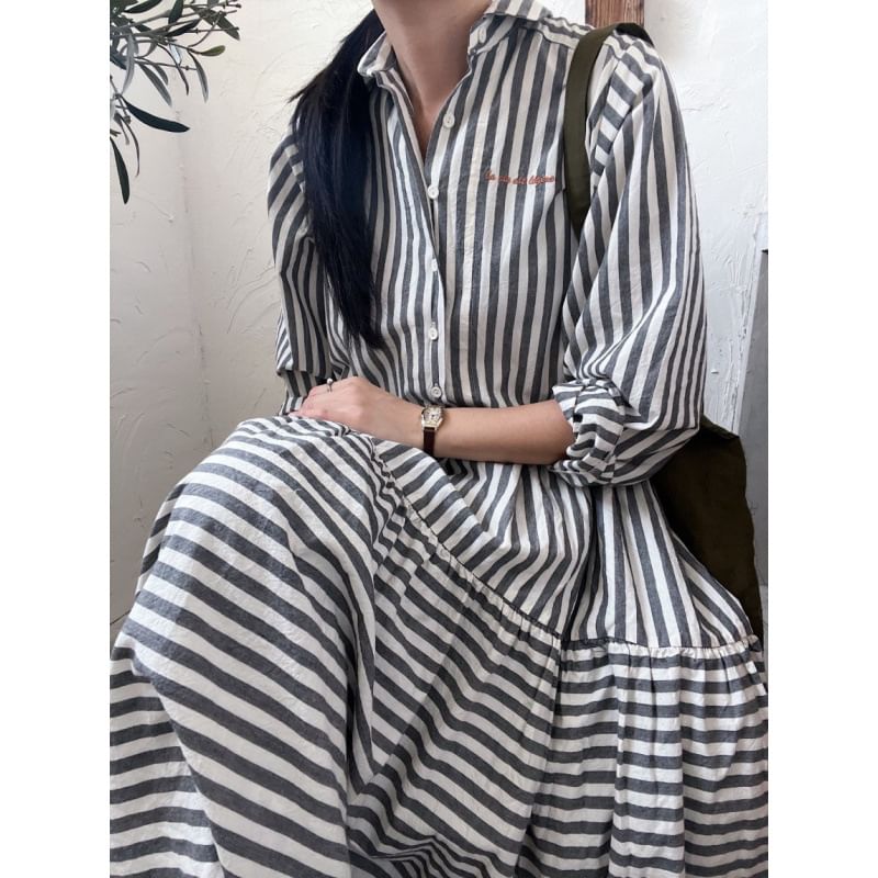 Long-Sleeve Striped Maxi A-Line Shirt Dress