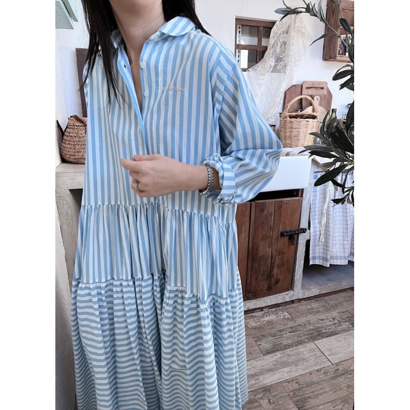 Long-Sleeve Striped Maxi A-Line Shirt Dress