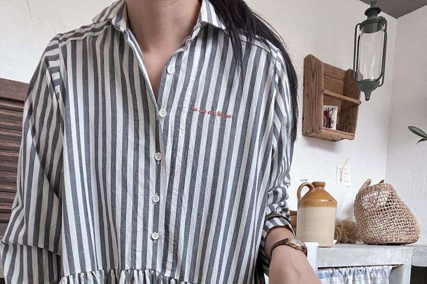 Long-Sleeve Striped Maxi A-Line Shirt Dress