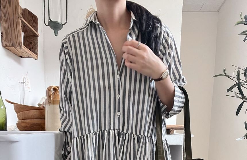 Long-Sleeve Striped Maxi A-Line Shirt Dress