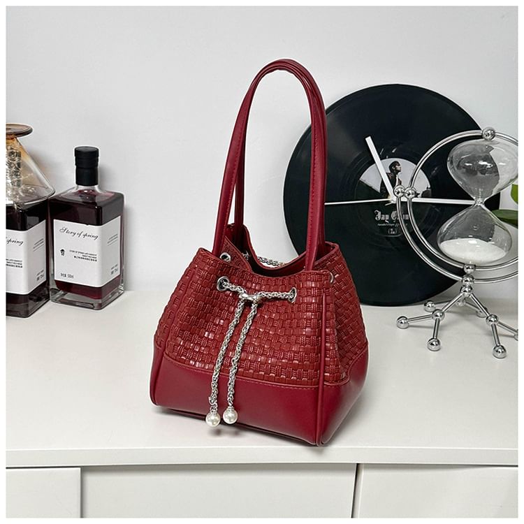 Faux Pearl Drawstring Woven Bucket Bag