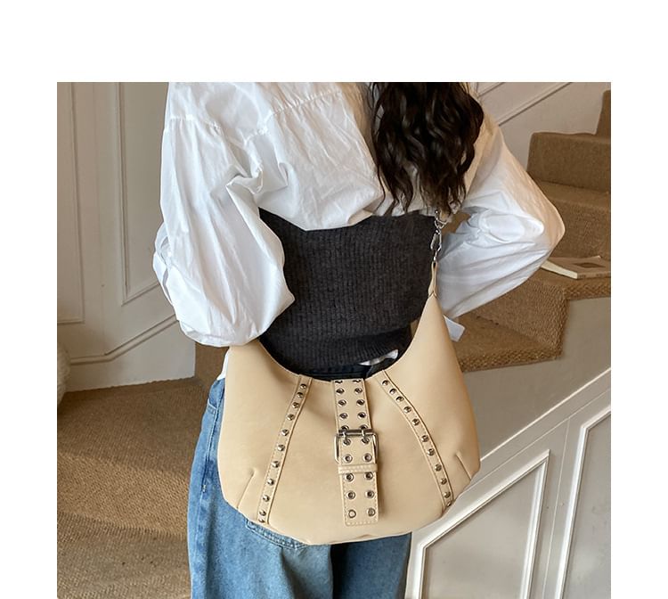 Studded Grommet Buckled Shoulder Bag