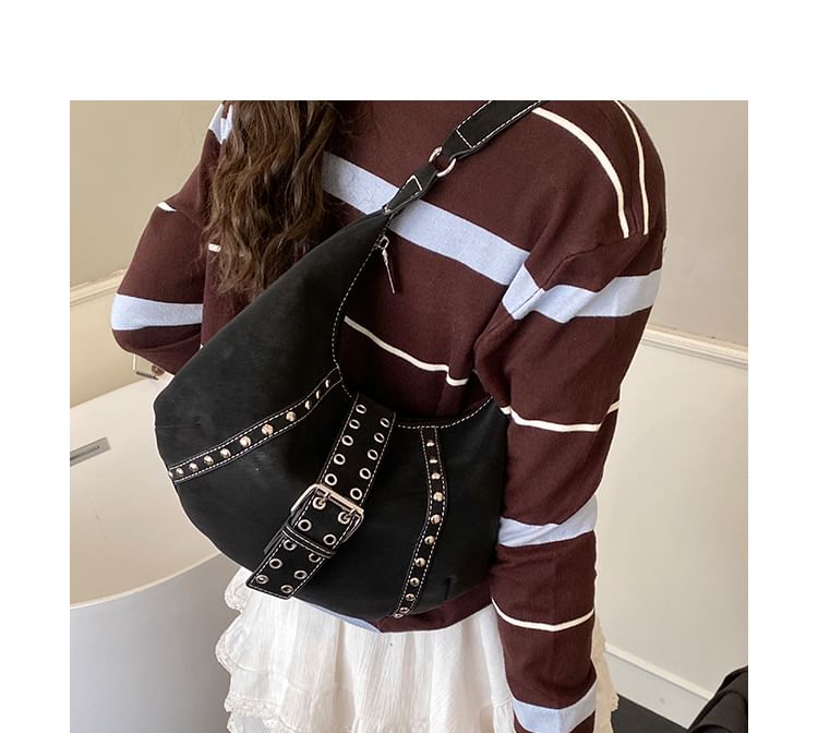 Studded Grommet Buckled Shoulder Bag