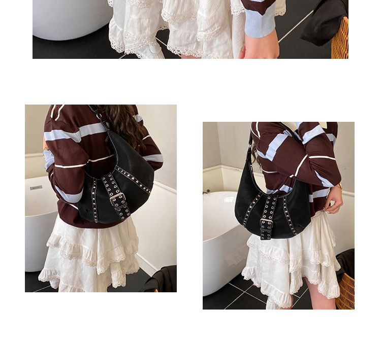 Studded Grommet Buckled Shoulder Bag
