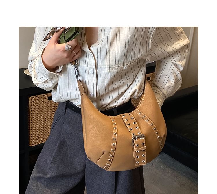 Studded Grommet Buckled Shoulder Bag