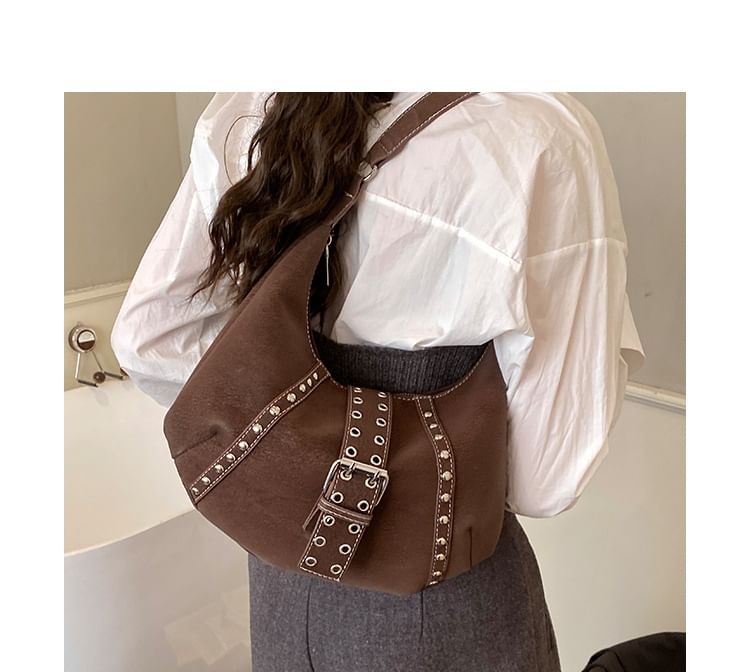 Studded Grommet Buckled Shoulder Bag