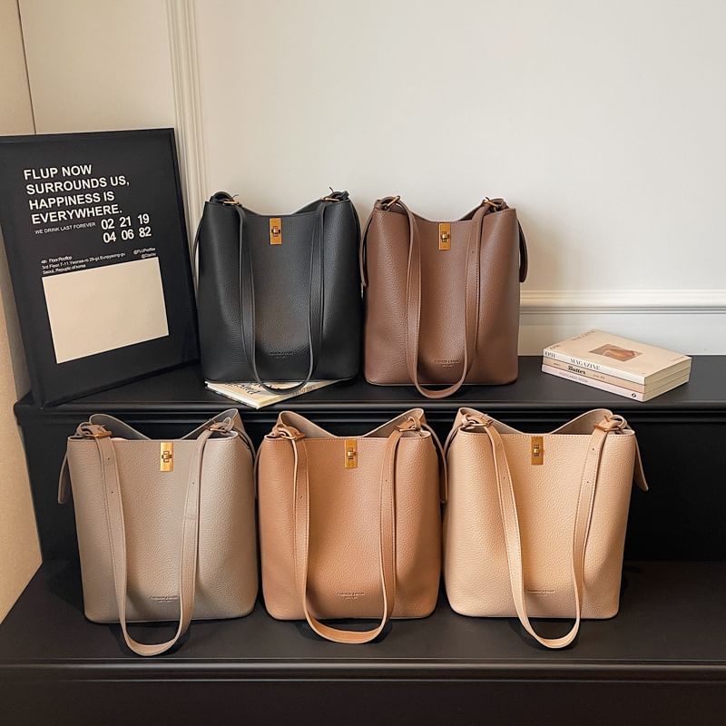 Set: Plain Faux Leather Tote Bag + Pouch